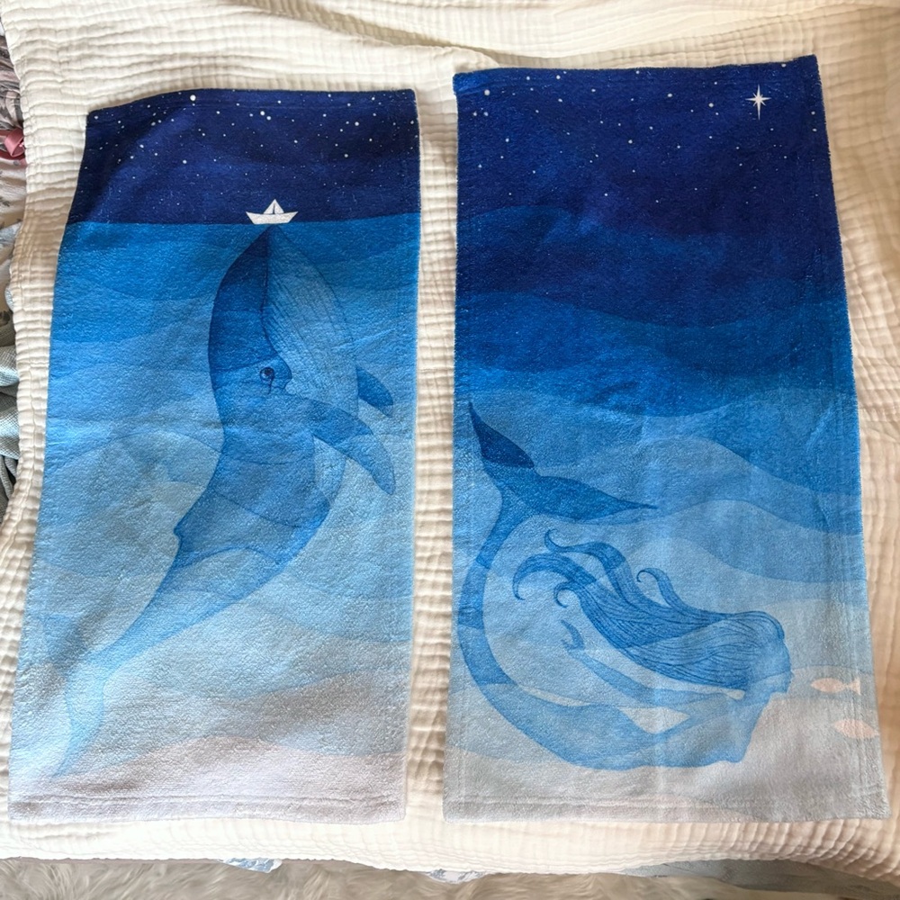 Blue Ocean Mermaid Whale Boat Hand Towels